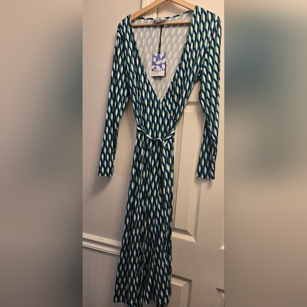 Diane Von Furstenberg Geometric Long Sleeve Dress - Teal and Navy